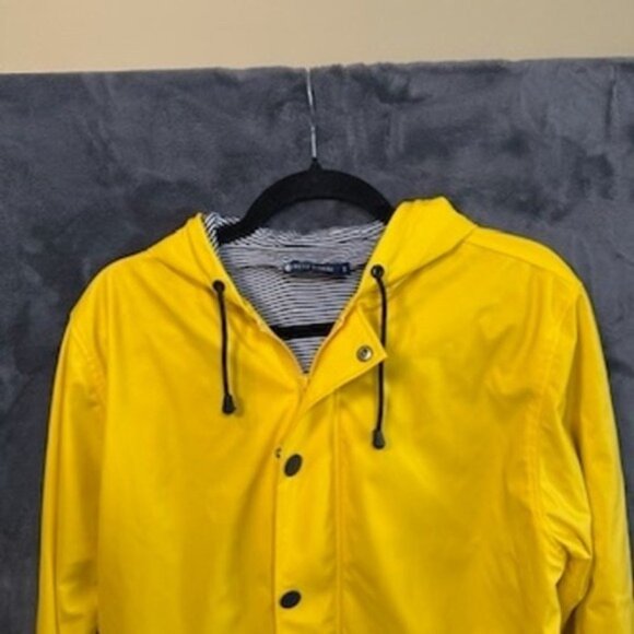Petit Bateau Yellow Raincoat Hooded Rain Jacket Striped Lining Womens Med - Picture 2 of 11